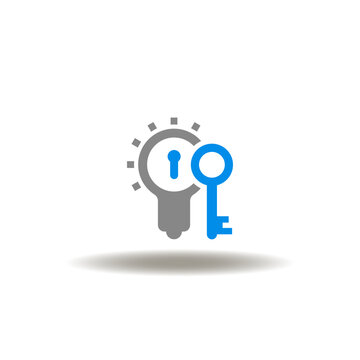 Vector illustration of lightbulb with keyhole and key. Icon of intellectual property. Symbol of patent idea, copyrights.