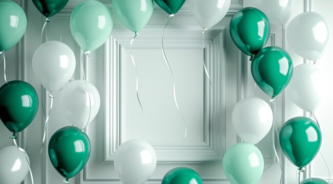   A collection of green and white balloons before a blank white backdrop, framed by a picture frame affixed to the wall's center