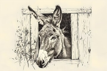 Donkey looks out of a window. Vintage monochrome sketch illustration. Agriculture industry and animal husbandry concept. Farming lifestyle, farmland. Design for banner, poster 