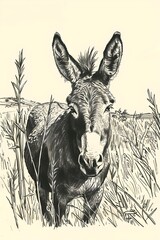 Donkey portrait in a field. Vintage monochrome illustration. Agriculture industry and animal husbandry concept. Farming lifestyle, farmland. Design for banner, poster 