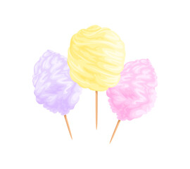 Cotton candy in yellow, pink and purple colors isolated on white background. Vector cartoon illustration of sweets.
