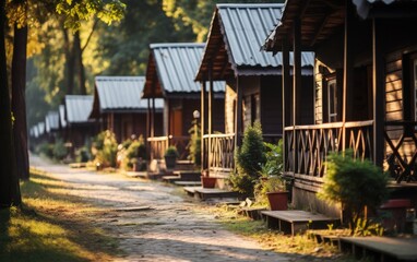 A tranquil scene of a row of wooden cabins lined up next to each other in a peaceful setting