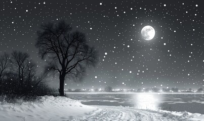 Illustration of a winter landscape with a tree and a full moon. Black and white - obrazy, fototapety, plakaty