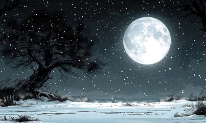 Illustration of a winter landscape with a tree and a full moon. Black and white - obrazy, fototapety, plakaty