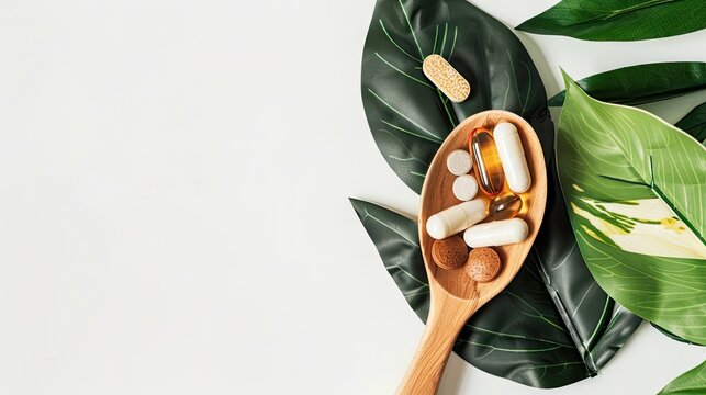 A wooden spoon holds a variety of vitamin tablets on a white background, accented by a green leaf. Embrace holistic health with natural supplements for a vibrant lifestyl