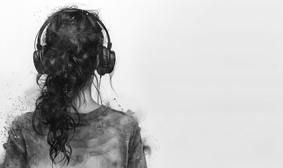 Black and white portrait of beautiful young woman with headphones listening to music - obrazy, fototapety, plakaty