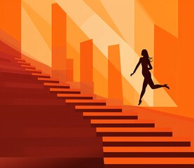 enigmatic allure of a stair-themed graphic design featuring a determined businesswoman ascending towards success, capturing the essence of her journey in business and life.