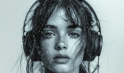 Black and white portrait of beautiful young woman with headphones listening to music - obrazy, fototapety, plakaty