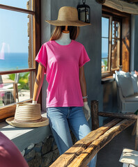 A female mannequin in a blank pink organic cotton shirt and jeans stands in front of a window with a straw hat on her head. Ecological clothing advertisement