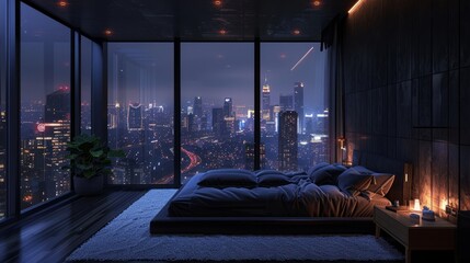 penthouse bedroom at night, dark gloomy, A room with a view of the city from the bed. Generative AI - obrazy, fototapety, plakaty