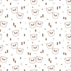 Cute Bear and Trees Seamless Pattern for baby design. Forest Pattern of Line Art Teddy Bear Face. Vector illustration