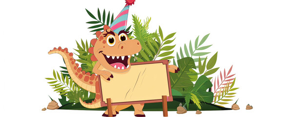 Naklejka premium Cheerful cartoon dinosaur in a party hat, holding a message board amidst prehistoric foliage
