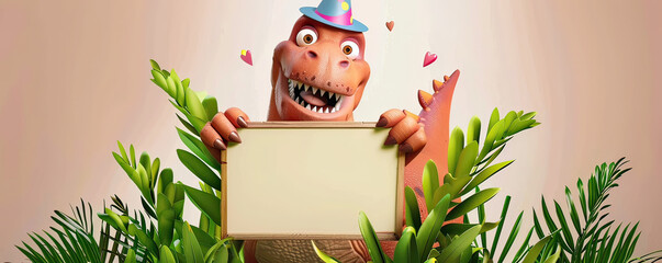 Cheerful cartoon dinosaur in a party hat, holding a message board amidst prehistoric foliage