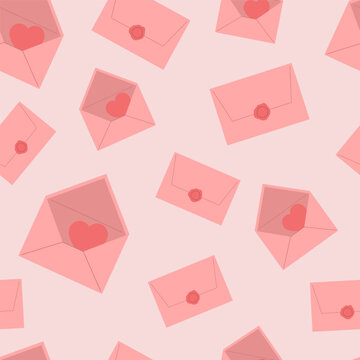 Seamless pattern with envelopes and hearts on pink background. Vector illustration