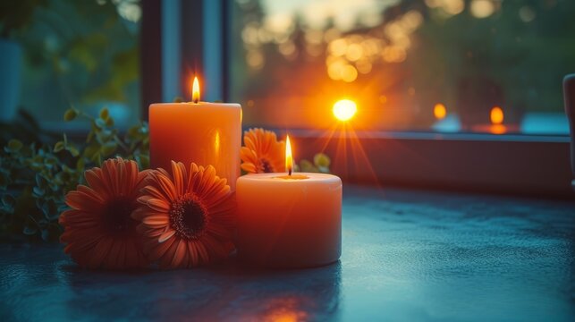  Two candles atop a table Nearby, a vase with flowers In the background, a window sill