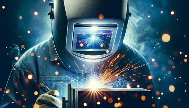 A detailed view of a female welders helmet with the visor down, reflecting the bright light of welding sparks