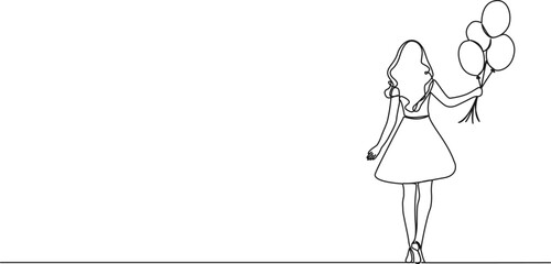 continuous single line drawing of young woman with balloons, line art vector illustration