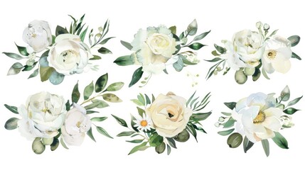 Watercolor Floral Illustration Set,  Bouquets and Wreaths Featuring White Flowers and Greenery