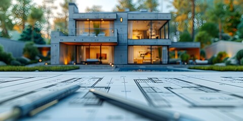 Blueprint plan for a modern residential building in the real estate industry. Concept Architectural Design, Modern Housing Trends, Residential Construction, Sustainable Building Practices - obrazy, fototapety, plakaty