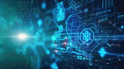 Blue futuristic blurred background with motherboard design elements. Generative ai.