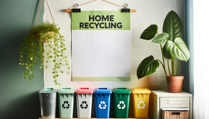 A detailed view of a home recycling guide hanging above color-coded bins for different recyclables in a homes utility room, with tips on recycling and a cheerful green plant nearby - obrazy, fototapety, plakaty