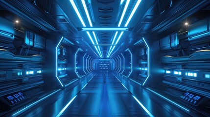 A futuristic space station with blue lights and a long hallway. Generative ai.