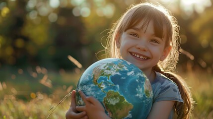 Earth Day - Young Happy Child Girl Hugging Planet Earth Model. Green Nature Eco Environment Scene
