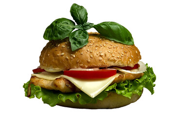 Delicious Hamburger with cheese, tomatoes and basil. Fast Food meal. PNG Design Element. - 773355692