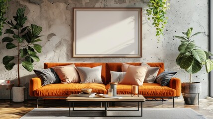 Stylish Living Room Interior with Mockup Frame Poster. 3D rendering. Generative AI