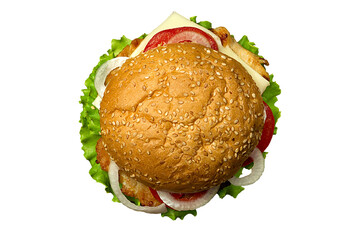 Delicious Hamburger with cheese, tomatoes and lettuce, Top view. Fast Food meal. PNG Design Element. - 773355822