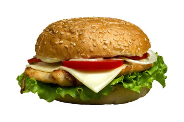Delicious Hamburger with cheese, tomatoes and lettuce. Fast Food meal. PNG Design Element.  - 773355892