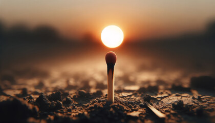 Close-up of a burnt matchstick on dry soil, with the sun setting in the background - obrazy, fototapety, plakaty