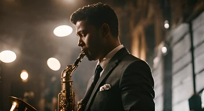The man plays the saxophone.