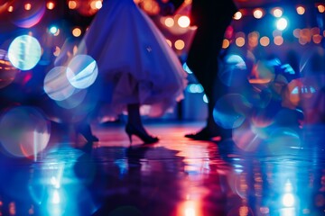 couple dancing at a high school prom, view on feet, bokeh