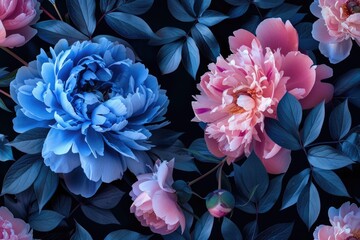 Vintage floral pattern with blue and pink peonies.