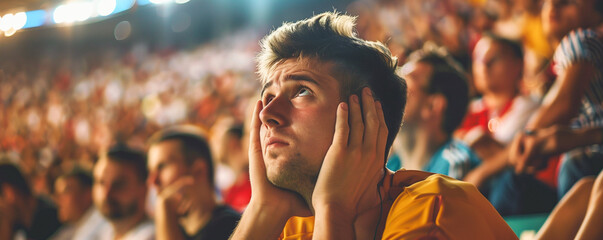 close-up photo of the emotions of football fans at the stadium, saddened by a goal scored