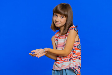 Child girl kid raising hands asking what why reason of failure, disbelief irritation by troubles,...