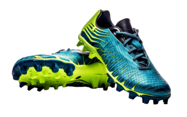 A vibrant pair of blue and yellow soccer shoes against a grassy field