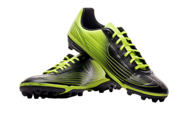 Black and green soccer shoes resting on a grass field