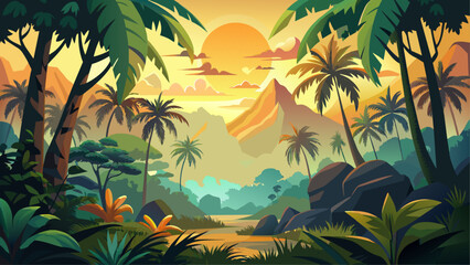 Fototapeta na wymiar a Tropical jungle sunset or sunrise forest landscape silhouette. Exotic forest palm trees and mountains vector nature background with bright yellow sun and sky