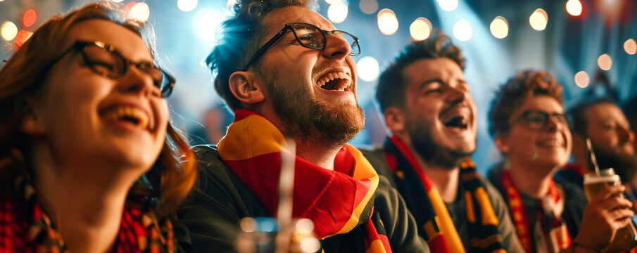 group of happy smiling football fans in a sports bar rejoicing after a goal has been scored