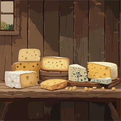 A rustic wooden table with various types of cheese