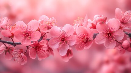   A tight shot of a cherry branch, adorned with pink blossoms in the foreground, and a softly blurred background