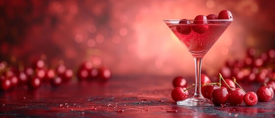   A tight shot of a martini glass adorned with cherries, situated in front of a softly blurred backdrop of more cherries - obrazy, fototapety, plakaty