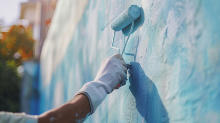 Close up of painter hand in white glove painting a wall with paint roller