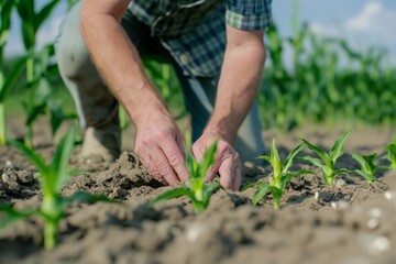 Farmer checks corn sprouts closeup, farmer in the field closeup, farmer and crop closeup, farmer checking plants in the field closeup, farmer hand and plants closeup,  plantation closeup, tree plant