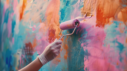 Close up of painter hand in white glove painting a wall with paint roller