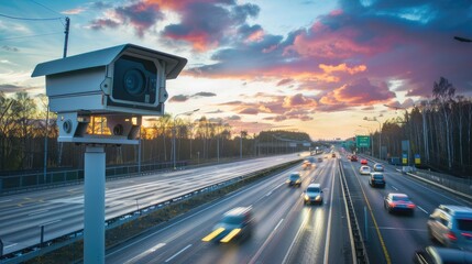 On the Ring Road, a speed camera monitors traffic, enforcing safety measures for highway compliance. Invest in road safety. - obrazy, fototapety, plakaty