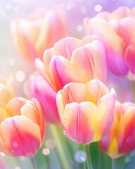 Close-up of colorful tulips in bloom, dew-drops, morning light, bokeh background, vivid colorswatercolor tone, pastel, 3D Animator