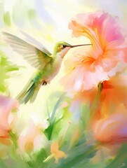 Hummingbird near vibrant flower, intimate close-up, morning light, tranquil, vivid displaywatercolor tone, pastel, 3D Animator